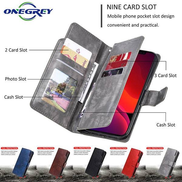 Luxury Leather Nine Card Flip Wallet Case For iPhone 13 12 Mini 11 Pro XS Max XR X 8 7 6 6s Plus 5 5s SE 2020 Phone Bags Cover